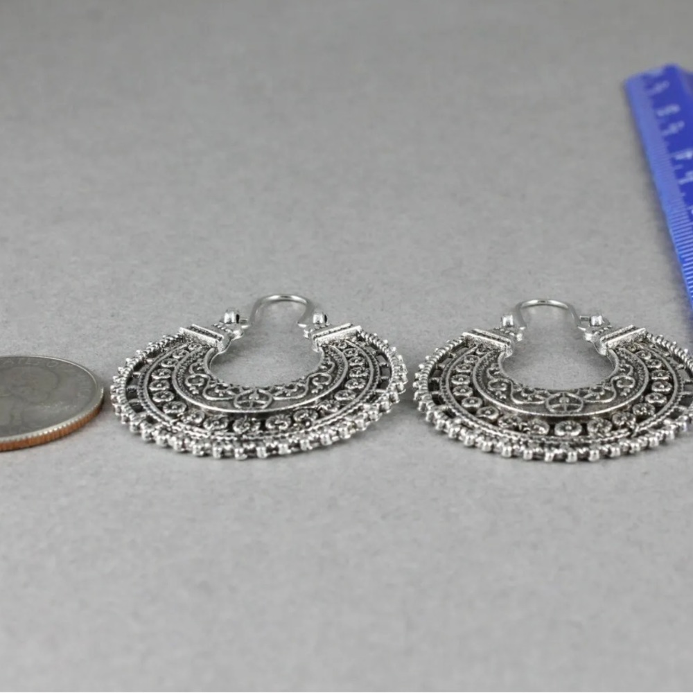 New Wildflower Wander Mandala Antique Sterling Silver Hollow Out Hoop Earrings - Picture 13 of 16